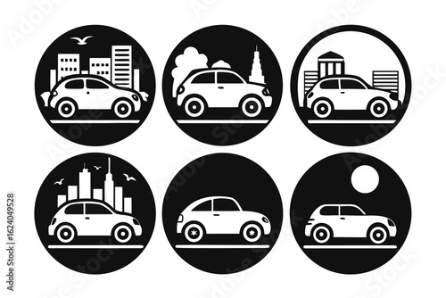 Set of six circular black and white icons featuring cars in urban cityscapes with buildings and birds, conveying themes of travel, mobility, and city life