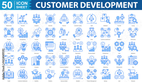 Customer Development Icon Set Collection. Containing Relationship, Demand, Customer, Channels, Features, Customer Loyalty, Agile, Validation, Founder, Survey icon. simple blue vector illustration