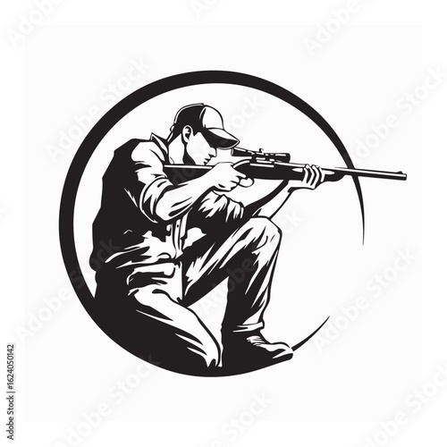 Silhouette of Hunter Sitting and Aiming Gun in Black and White Vector Design