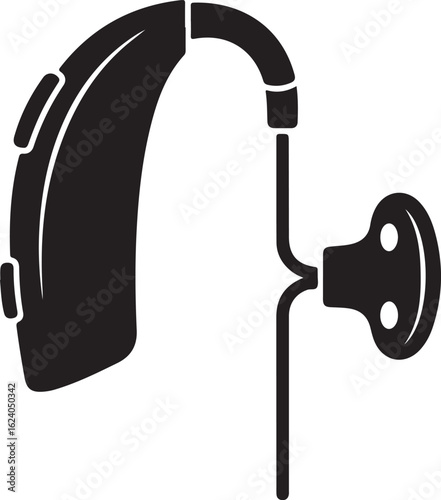 Black silhouette of a hearing aid with earbud audiology hearing loss