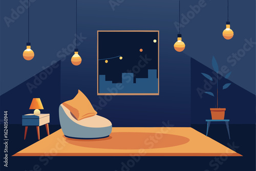 bedroom with fairy lights  tapestry  and bean bag .eps