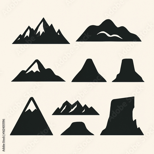A 3x3 grid of nine stylized mountain and hill silhouettes in solid black on a light beige background. Featuring varied shapes—sharp peaks, rounded hills, and flat-topped forms—in a minimalist style.