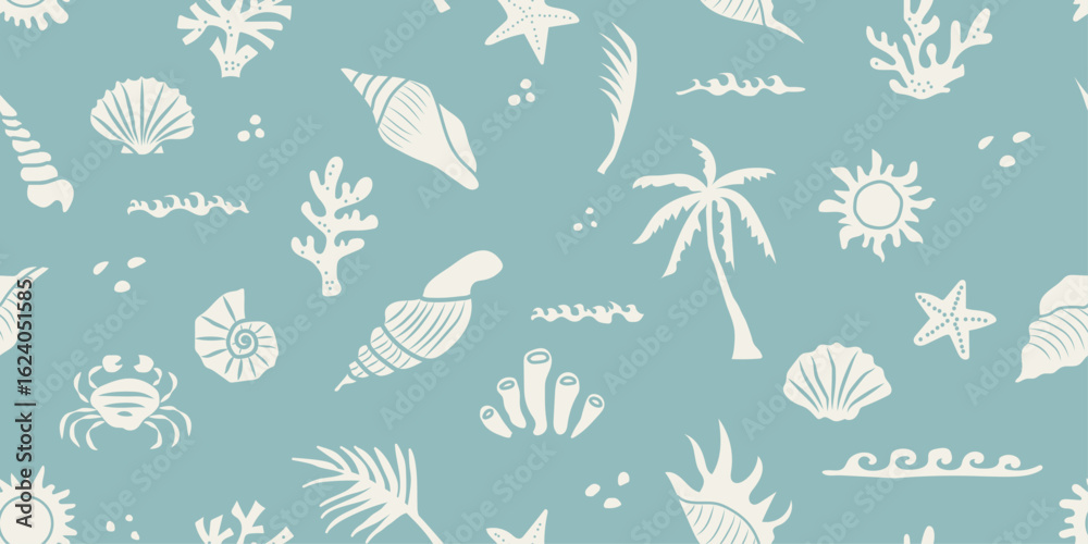 Obraz premium Seamless pattern with sea, palm tree, sun, seashell, coral, starfish in groovy naive style. Hand drawn marine summer print. Tropical vacation, beach and ocean concept. Vintage seamless pattern