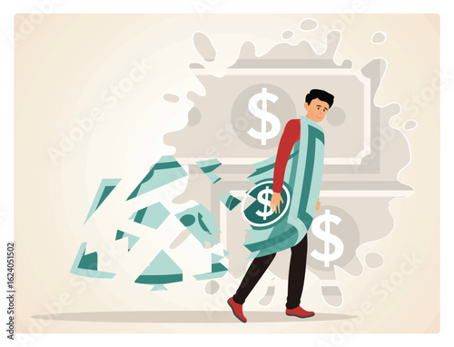 Profit and loss in business or deflation and inflation concept. A Man With Broken Money Symbols.