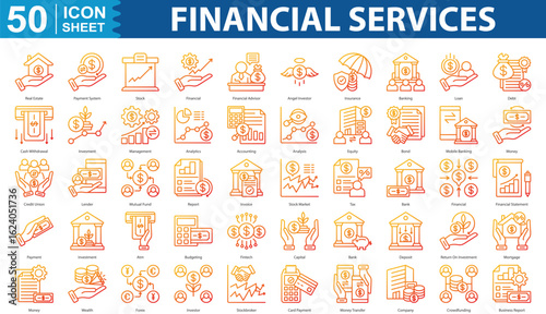 Financial Services Icon Set Collection. Containing Real Estate, Payment System, Stock, Financial, Financial Advisor, Angel Investor, Insurance, Banking icon