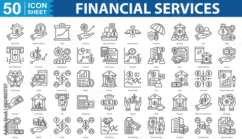 Financial Services Icon Set Collection Concept With Icon Of Real Estate, Payment System, Stock, Financial, Financial Advisor, Angel Investor, Insurance, Banking, Loan, Debt, Cash Withdrawal, Invesment