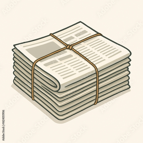 A vintage-style illustration of a stack of tied newspapers, featuring classic column layouts and muted tones of beige and gray. The hand-drawn look adds a nostalgic, old-fashioned charm
