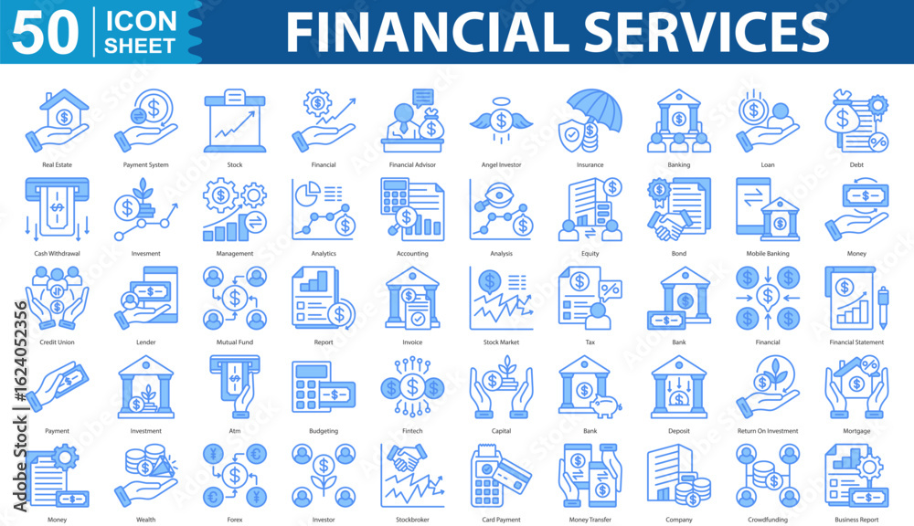 Obraz premium Financial Services Icon Set Collection. Containing Real Estate, Payment System, Stock, Financial, Financial Advisor, Angel Investor, Insurance, Banking icon. simple blue vector illustration