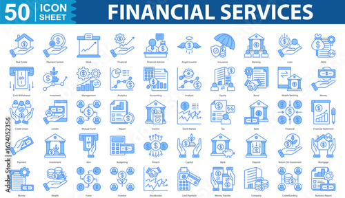 Financial Services Icon Set Collection. Containing Real Estate, Payment System, Stock, Financial, Financial Advisor, Angel Investor, Insurance, Banking icon. simple blue vector illustration