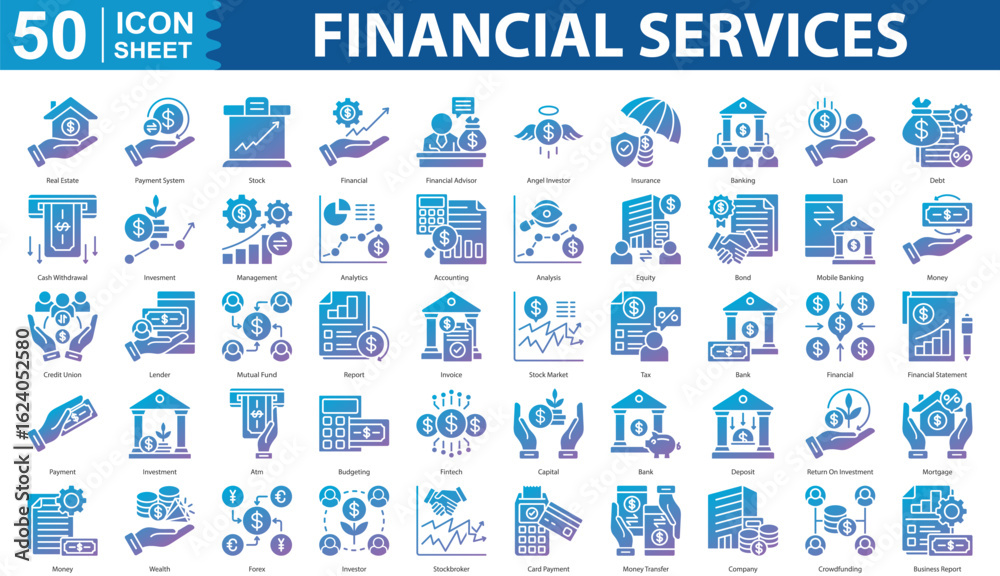 Obraz premium Financial Services Icon Set Collection Concept With Icon Of Real Estate, Payment System, Stock, Financial, Financial Advisor, Angel Investor, Insurance, Banking, Loan, Debt, Cash Withdrawal, Invesment