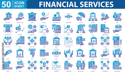 Financial Services Icon Set Collection Concept With Icon Of Real Estate, Payment System, Stock, Financial, Financial Advisor, Angel Investor, Insurance, Banking, Loan, Debt, Cash Withdrawal, Invesment