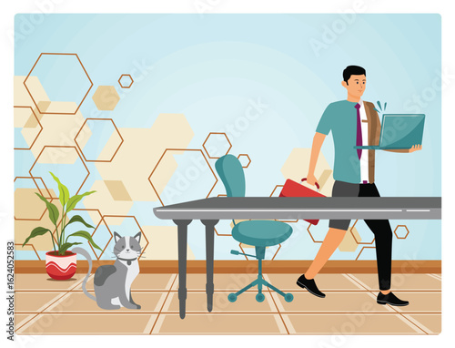 Employee choice to work remotely from home. Man Holding Laptop While Walking.