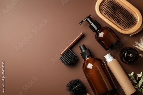 brown hair care products and tools on brown background