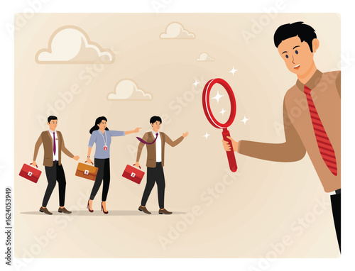 Recruitment searching the best candidate for job with Magnifying Glass and Business Professionals.