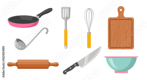 Illustration showing various kitchen utensils including a pan, ladle, spatula, and cutting board