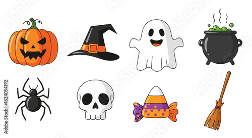 Collection of halloween themed clip art featuring a pumpkin, hat, ghost, and various other items