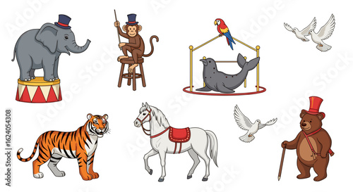 A colorful circus scene featuring various animals including an elephant, tiger, monkey, and bear