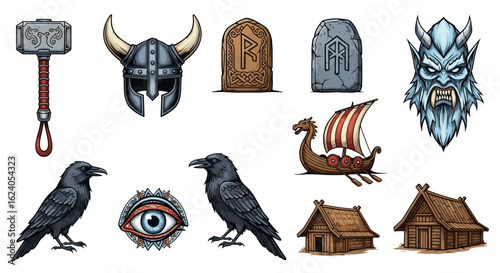 Illustration featuring viking helmet, hammer, runes, ship, ravens, eye, houses and a monster face