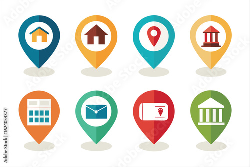 Collection of colorful map pointer icons with various symbols like houses, banks, and envelopes, isolated on a white background, representing navigation and points of interest