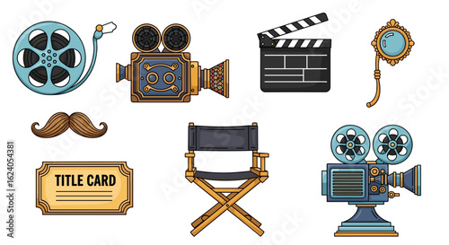 Illustration of film making equipment including camera, film reel, director chair and more items