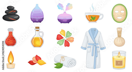 Illustration showing spa and wellness elements including stones, oils, masks and aromatherapy items