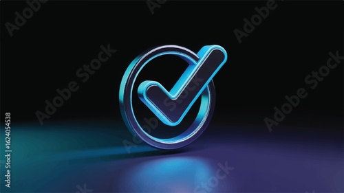 Metallic checkmark glowing cyan blue symbol