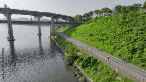 Wallpaper Mural Drone View of Seoul city in South Korea, Ttukseom Island, Cheongdam Bridge, Summer Torontodigital.ca