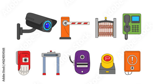 Illustration featuring security equipment including a camera, gate, and various access control devices