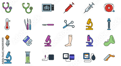 Illustration displaying an array of medical instruments and diagnostic equipment in a grid format