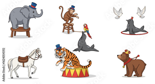 A collection of circus animals including an elephant, monkey, seal, tiger, bear, horse and doves