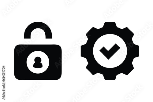 Black icon of a padlock with a person symbol inside and a gear with a checkmark, symbolizing security and operational efficiency, isolated on white background
