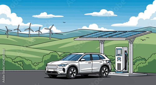 White Electric SUV Charging at Solar Powered EV Station with Wind Turbines in Green Landscape