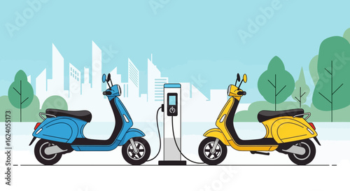 Blue and Yellow Electric Scooters Charging at EV Station in Cityscape Background