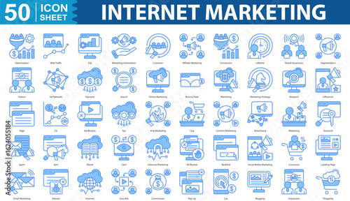 Internet Marketing Icon Set Collection. Containing optimization, web traffic, erp, marketing automation, customer, affiliate marketing icon. simple blue vector illustration