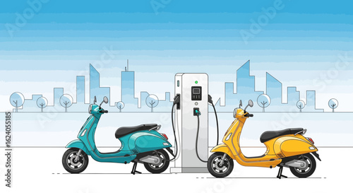Teal and Yellow Electric Scooters Charging at Dual EV Station in Urban City Background