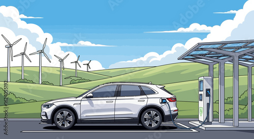 White Electric SUV Charging at Modern Solar EV Station with Wind Turbines and Green Landscape