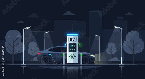 Dark Electric Car Charging at Futuristic EV Station at Night with City Lights Illustration