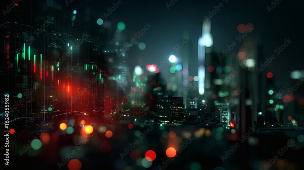 Fototapeta premium Dark themed interface with bright red and green stock visuals contrasted by a soft-focus city skyline outside