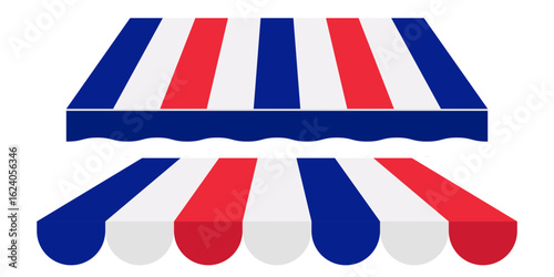 Circus Style Awning Tent Illustration. Red White Blue Striped Sunshade for Store Market Restaurant or Outdoor Event. Vector Roof Element for Classic Fair Design.