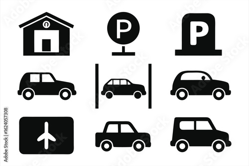 Collection of parking and car icons, including a parking garage, parking signs, various car silhouettes, and an airport symbol, all isolated on a white background