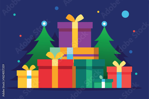 brightly wrapped presents piled beneath a tree wit (1).eps