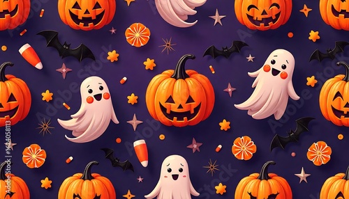 Whimsical Halloween pattern with playful ghosts, grinning pumpkins, and spooky bats for festive celebrations