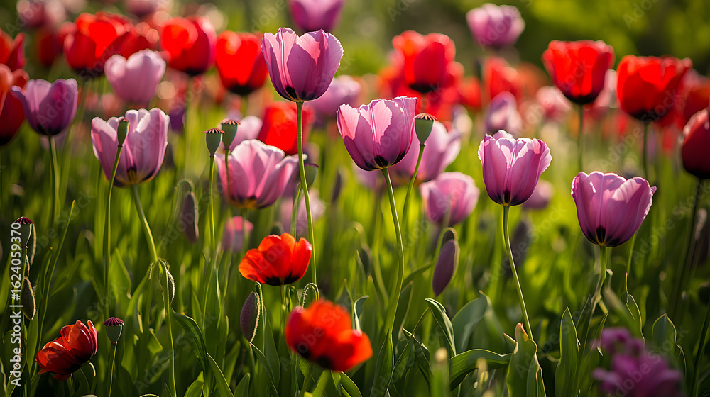 Fototapeta premium A field of purple poppies and red tulips amidst a green meadow. A colorful flower garden illustration for a spring background.
