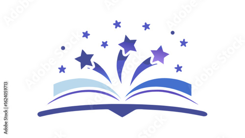 Illustration of an open book with stars coming out of it isolated on white background, representing education, knowledge, and the power of reading