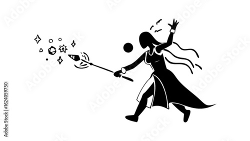 A powerful sorceress casting spells with her magic wand, isolated on white background, creating a mystical atmosphere with stars and energy