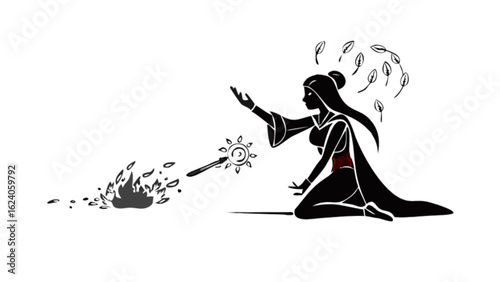 A kneeling sorceress casting a fire spell with her wand, isolated on white background, creating a mystical atmosphere with leaves