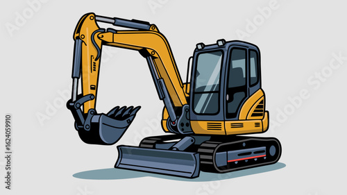 Compact vector mini excavator in yellow and black for construction projects. Suitable for industrial, construction, and machinerythemed designs.