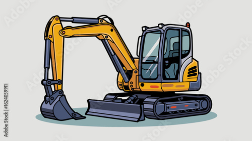 Compact vector mini excavator in yellow and black for construction projects. Suitable for industrial, construction, and machinerythemed designs.