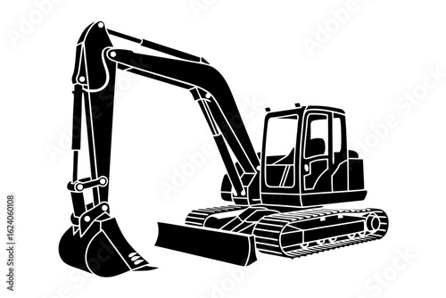 Mini excavator vector illustration for construction projects, digging, landscaping, and industrial graphic designs in black and white simplicity.