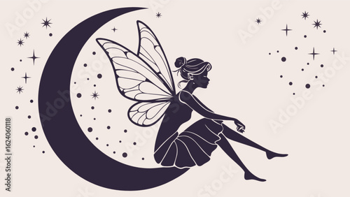A silhouette of a fairy with wings sitting on a crescent moon surrounded by stars, evoking a sense of magic, fantasy, and ethereal beauty